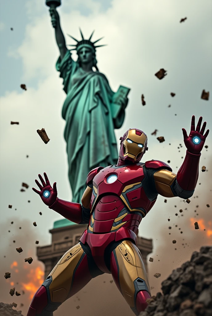 Iron Man fell and then appeared And destroyed the Statue of Liberty 