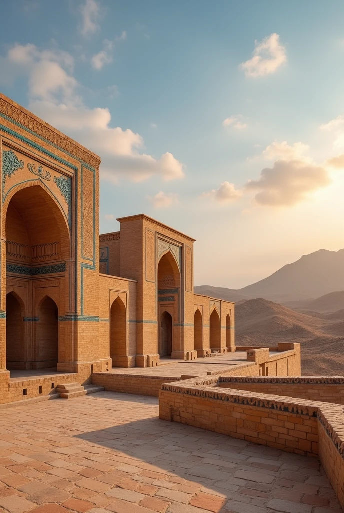 Generate an image that encapsulates the essence of Uzbekistan. Showcase the intricate architecture of historic cities such as Samarkand and Bukhara, highlighting the region’s cultural richness. Set the image against the backdrop of the arid beauty of the Kyzylkum Desert