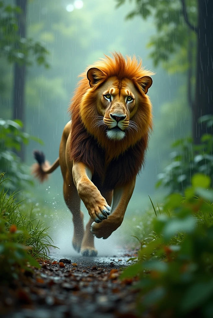 A lion run in the forest in rainy season