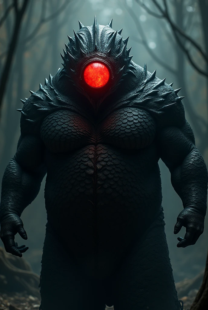 Half-humanoid entity with a large red eye in the center of its chest. Your skin is scaly and black, reflecting sinister lights.