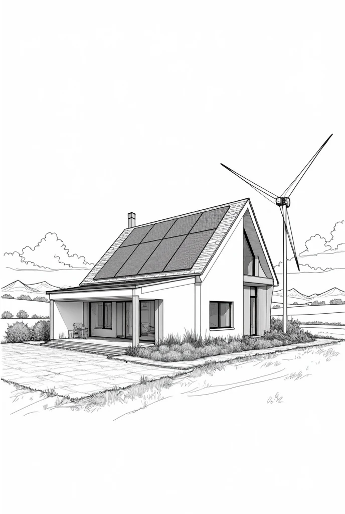 sketch a 2 story design of a residential house with solar panel and windmill, rain water catchment ... make it as black and white lines