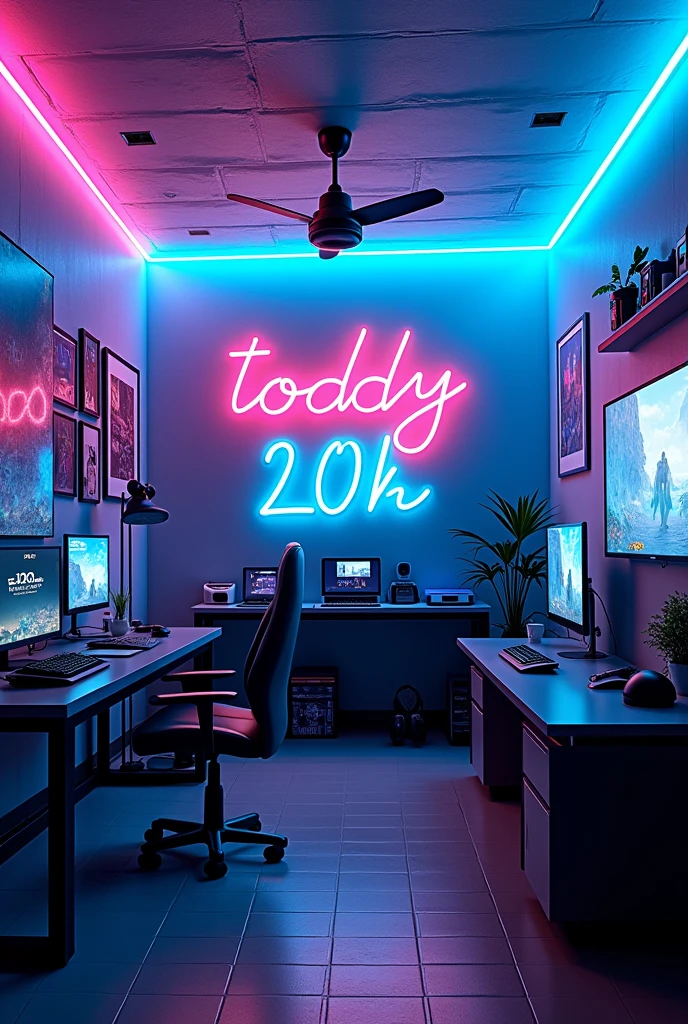 a purple game room, with blue LEDs on the ceiling, a large graffiti text written toddy 2 0 0 k on tiktok