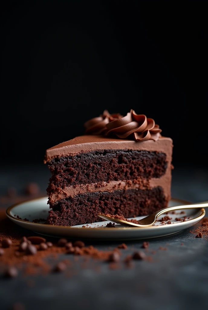 cinematic film still chocolate, chocolate cake, dark background, quality photo, moist texture, frosting, studio photo, slice . shallow depth of field, vignette, highly detailed, high budget, bokeh, cinemascope, moody, epic, gorgeous, film grain, grainy
