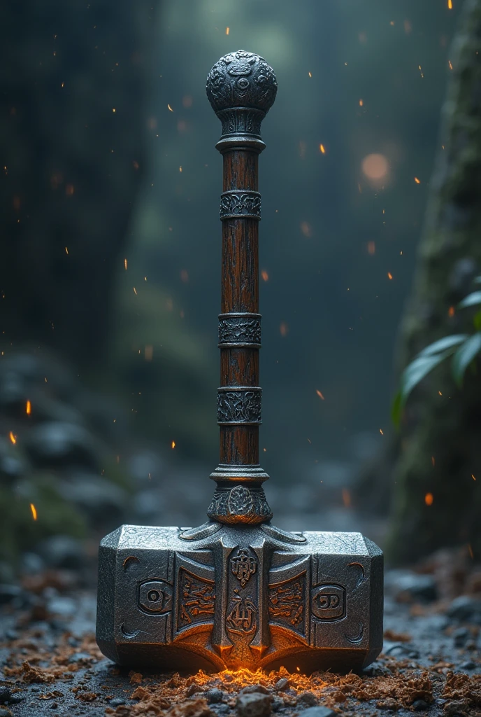 “A mighty sledgehammer, inspired by the legendary Mjolnir, appears in an epic setting. Your cable, made of dark, dense wood, is adorned with ancient runes that tell stories of bravery. The sledgehammer head, of shiny and resistant metal, reflects light in a magical way, emanating a powerful aura. The number &#39;45&#39; is engraved on the side of the head, symbolizing strength and determination. This object is not just a weapon, but a symbol of courage and power, capable of inspiring fear and admiration, as if carrying the essence of a true hero.”