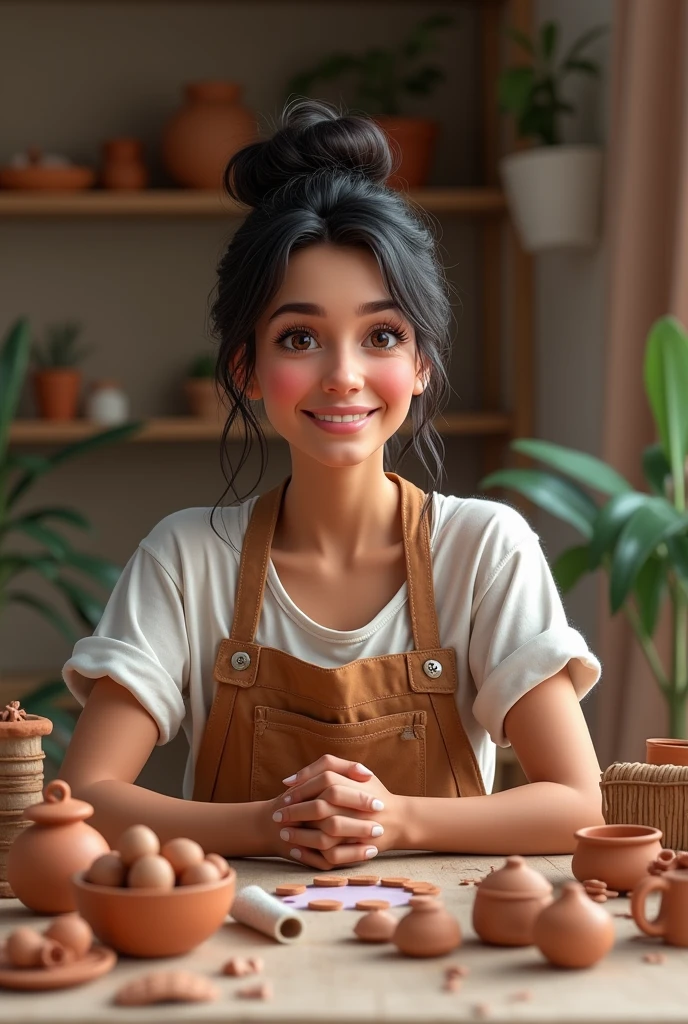 Ana Maria, northeastern woman, an assistant of the Pé di Arte brand, which talks about clay crafts, a cheerful woman who loves art Realistic image