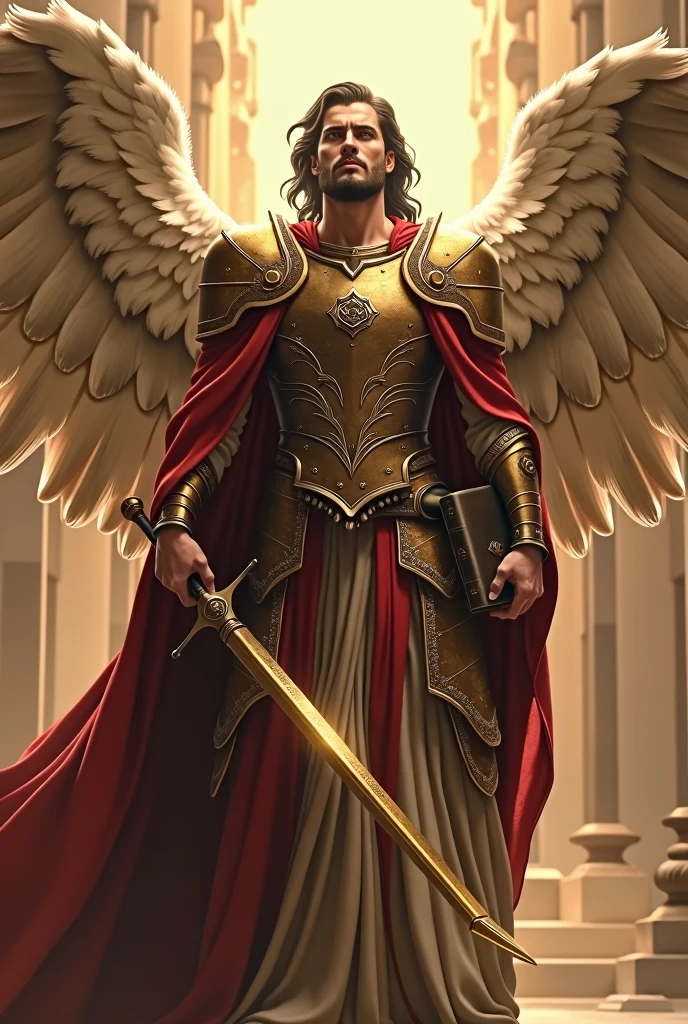 The powerful warrior angel of lord almighty. He is wearing chestplates and warrior attire. He is handsome and powerful. He is holding bible and sword in his hands. It is written in bold letters. 2 Timothy 1:7