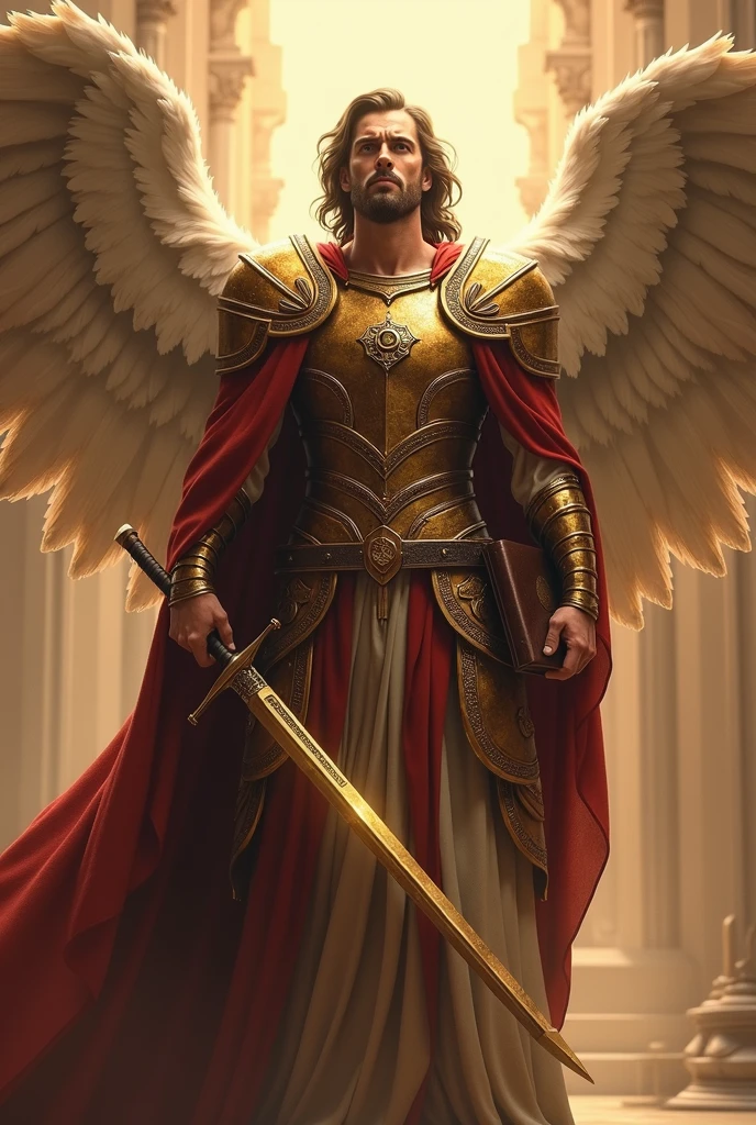 The powerful warrior angel of lord almighty. He is wearing chestplates and warrior attire. He is handsome and powerful. He is holding bible and sword in his hands. It is written in bold letters. 2 Timothy 1:7