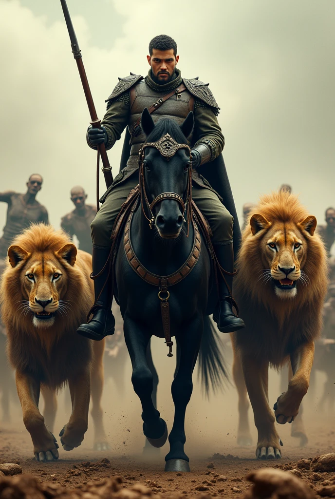 an army soldier, mounted on his black horse and accompanied by 3 lions, towards a horde of zombies.