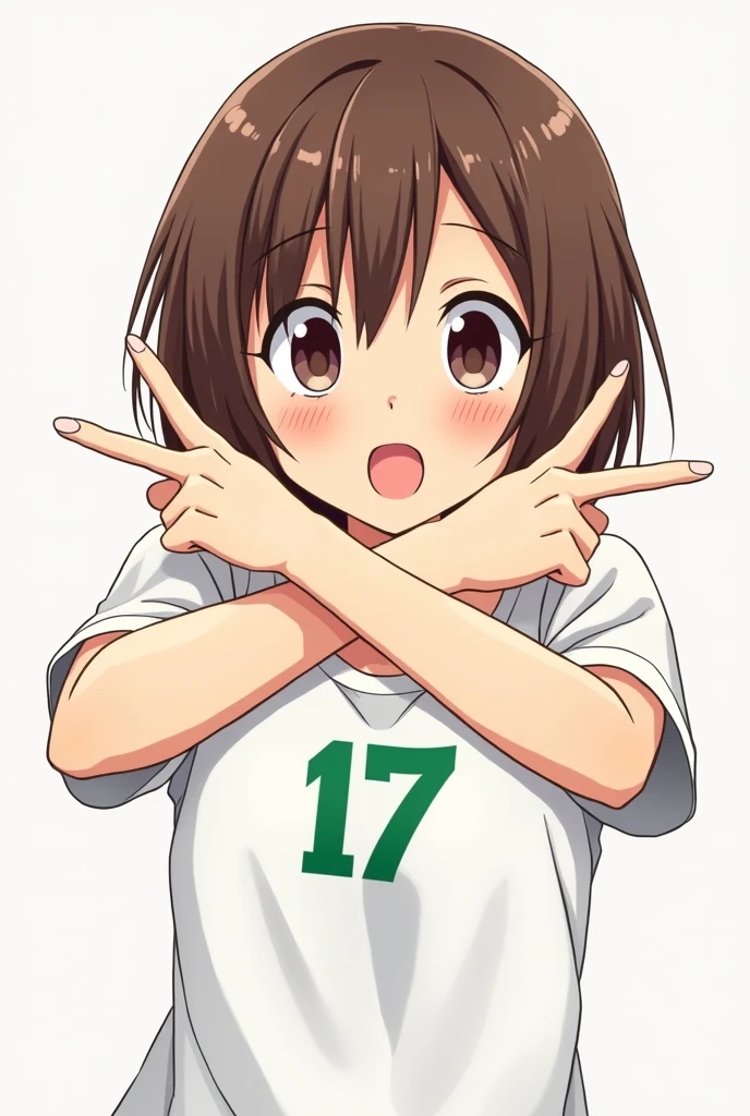 A character with brown bob hair is making a cross sign with both arms All fingers closed、Hand sword shape Arms crossed in front of chest、Forms an X Comical anime style He is wearing a white T-shirt with the number 17 written in green.