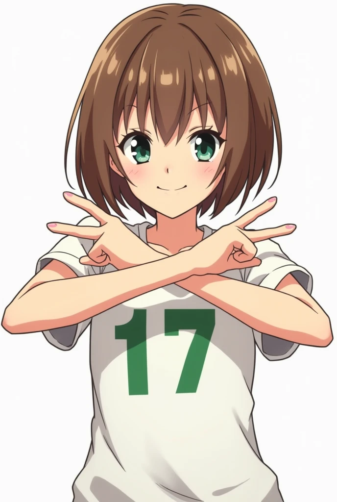 A character with brown bob hair is making a cross sign with both arms All fingers closed、Hand sword shape Arms crossed in front of chest、Forms an X Comical anime style He is wearing a white T-shirt with the number 17 written in green.