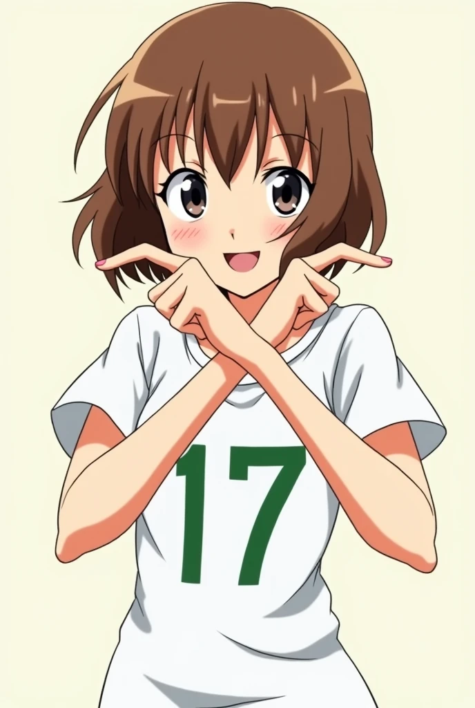 A character with brown bob hair is making a cross sign with both arms　All fingers closed、Hand sword shape　Arms crossed in front of chest、Forms an X　Comical anime style　He is wearing a white T-shirt with the number 17 written in green.
