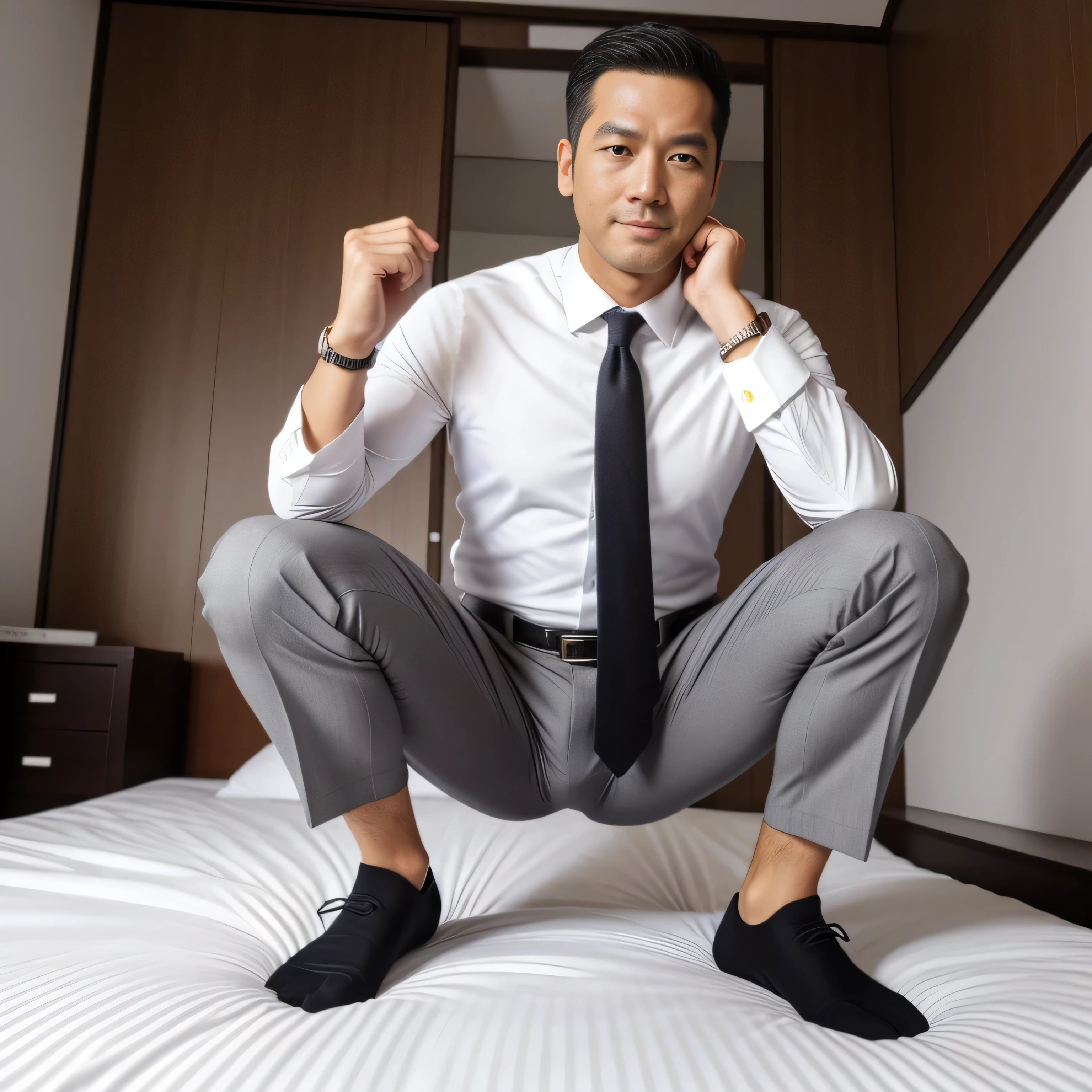 40 years old,One Man,Gray suit pants,Hermes Belt、White shirt、Salaryman、Bedroom、bed、。Squat with your legs apart、,,logic,Gay ,Very short hair、,Stubble, ,Asian Faces,、The crotch area of my trousers is swollen Handsome Black socks