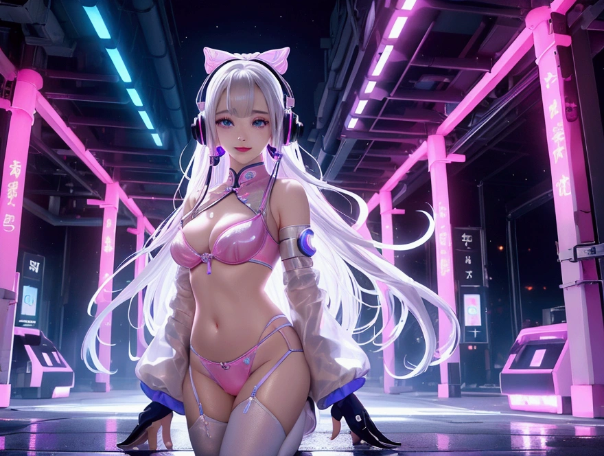 1 woman, Chinese_clothes, liquid silver and pink, Cyber Han, Cheongsam,White bra,White underwear with a bow, cyberpunk city, dynamic gesture, Glowing headphones, glowing hair accessories, long hair, glow earrings, Fluorescent necklace, cyberpunk, เมืองที่มีtechnologyสูง, full of mechanical and of the future elements, of the future, technology, glowing neon, pink, Light blue, Clear tool, Transparent beam, laser, City Sky Digital Background, Big Moon, with vehicles, best quality, Masterpiece, 8ก, Edge of character light, Extremely high detail, High quality, The most beautiful woman in humanity, smile a little, The face faces left and right symmetrically., Ear decoration, Beautiful iris light effect, Image data, I have silver-white hair, Hair is not messy, long hairถักเปียมวยสูง 2 ข้าง, Luminous electronic clock, deep eyes, be happy, English Doodle Writing