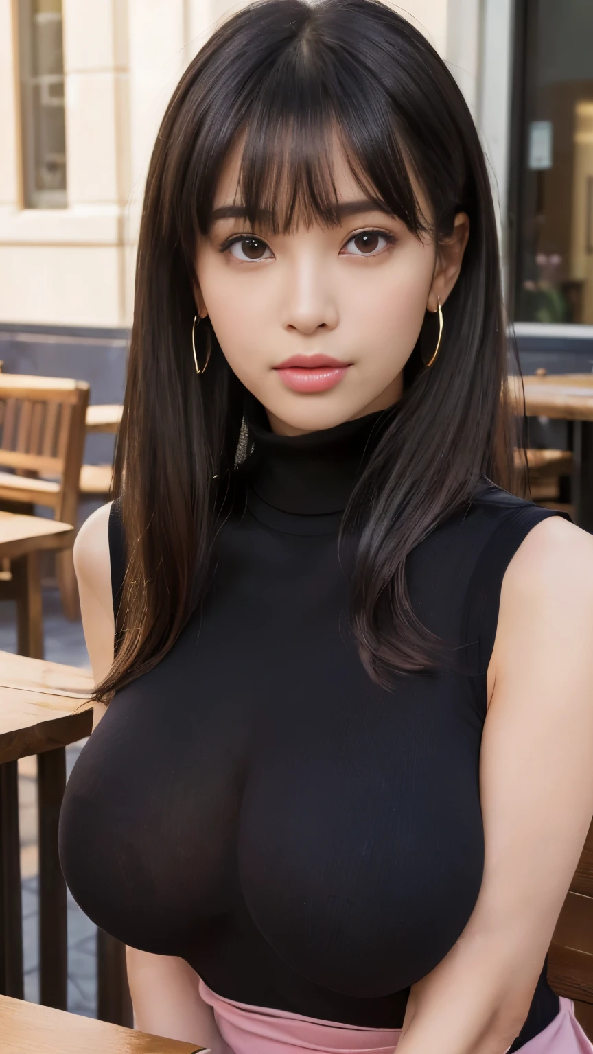 ((Mature woman sitting in front of a cafe)),((Sleeveless, Sheer turtleneck shirt、Lots of debris、I can see the valley:1.3)). 40k, photograph, masterpiece, Highest quality, Dark Gray Background, ((beautiful girl)), ((Big Boobs:1.5)), perfectionな顔, perfection , ((Big Breasts:1.5)), (Accentuate your breasts:1.5), ((茶色の目と美しい明るいBlack Hairの1人)). Beautiful Japanese Woman，very, Soft breasts and white skin, ((very柔らかい胸)). Highly detailed face, fine grain, Embarrassing, smile, summer, Daytime, Half Body,  (Golden ratio face、plump lower lip、Pink Lips:1.4)、fine grain、Detailed nose、Fine ears、Wet and glossy lip detail、cloud, Color Stone Necklace, (Big Boobs:1.5),(CG Unity 8k high resolution wallpaper), Complex, Attention to detail, Sharp focus, dramatic, beautiful girl, (Black Hair、Blunt bangs, The forehead is hidden by the bangs:1.4)