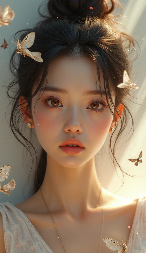 full body, free spirit, highly detailed face, award-winning composition, by Lois van Baarle, Artgerm, the fluttering of moth and butterfly, Carne Griffiths, feathers, hyper realistic fine detailed art Beautiful Woman full head-to-shoulder portrait, medium full shot Portrait, perfect detailed face, detailed symmetric hazel eyes with circular iris soft natural lighting, symmetrical, natural skin texture, soft lighting, detailed face, photorealism, soft pastel colors sparkling, looking into the camera, photorealistic painting, sharp focus, 8k, perfect composition, trending on artstation, award-winning photograph, unreal engine 5, cinematic smooth, intricate detail, studio photo, highly detailed. simple background.