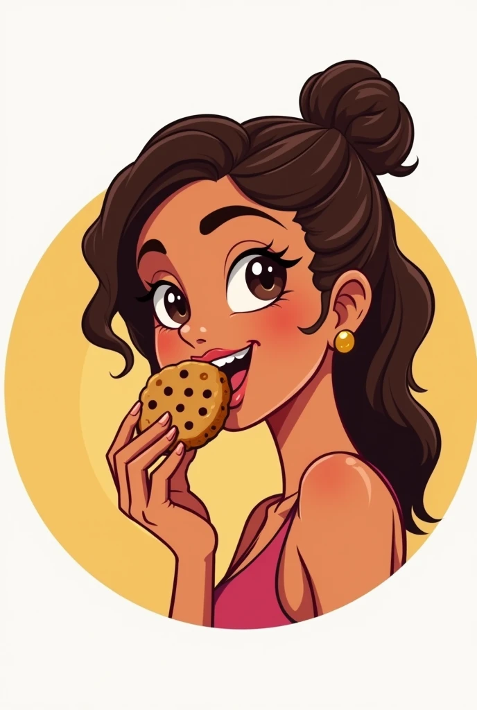 Create an animated circular logo ,
of a young woman with tanned skin
,biting a cookie