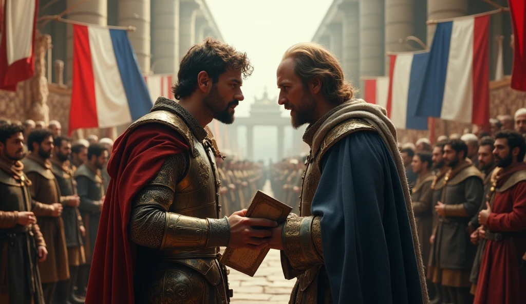 Create a dramatic scene depicting the ideological confrontation between the leaders of two medieval nations. In the center, two prominent figures—one representing England and the other France—stand facing each other with intense expressions. Each leader holds documents or scrolls symbolizing their claims and ideologies. Surrounding them, their advisors and nobles engage in animated discussions or debates. The background should feature a historic setting, such as a grand hall or an outdoor venue with banners and flags of both nations. The atmosphere is tense, with detailed period-accurate attire and expressions that convey the gravity of their conflicting interests, underscoring the deep-rooted ideological and political struggle of the era., Surrealism, Hyperrealism, UHD, retina, masterpiece, accurate, anatomically correct, textured skin, super detail, high quality, 16k
