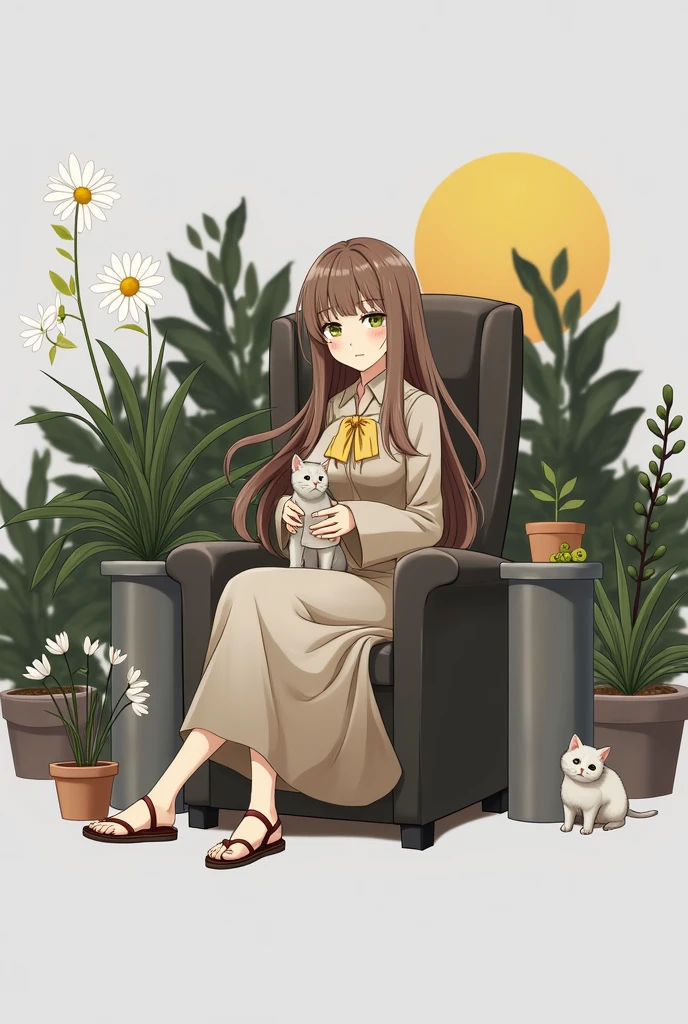 a woman sitting in a chair with a cat, (hair swept bangs:1.3), (long brown hair:1.3), art cover, ethereal anime, epic light novel art cover, 1girl, solo, looking at viewer, bangs, brown hair, long sleeves, dress, bow, holding, brown eyes, sitting, closed mouth, flower, sandals, plant, white flower, yellow bow, paper, potted plant, slippers, anime style, from girls frontline, fine details. girls frontline, girls frontline universe, girls frontline style, girls frontline, girls frontline cg, soft anime illustration, 2 0 2 2 anime style, 2022 anime style, pixiv contest winner, pretty anime character design, render of april