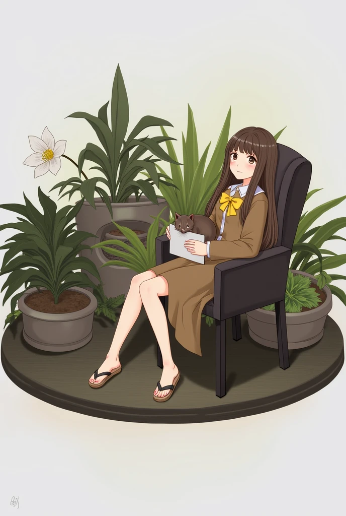 a woman sitting in a chair with a cat, (hair swept bangs:1.3), (long brown hair:1.3), art cover, ethereal anime, epic light novel art cover, 1girl, solo, looking at viewer, bangs, brown hair, long sleeves, dress, bow, holding, brown eyes, sitting, closed mouth, flower, sandals, plant, white flower, yellow bow, paper, potted plant, slippers, anime style, from girls frontline, fine details. girls frontline, girls frontline universe, girls frontline style, girls frontline, girls frontline cg, soft anime illustration, 2 0 2 2 anime style, 2022 anime style, pixiv contest winner, pretty anime character design, render of april