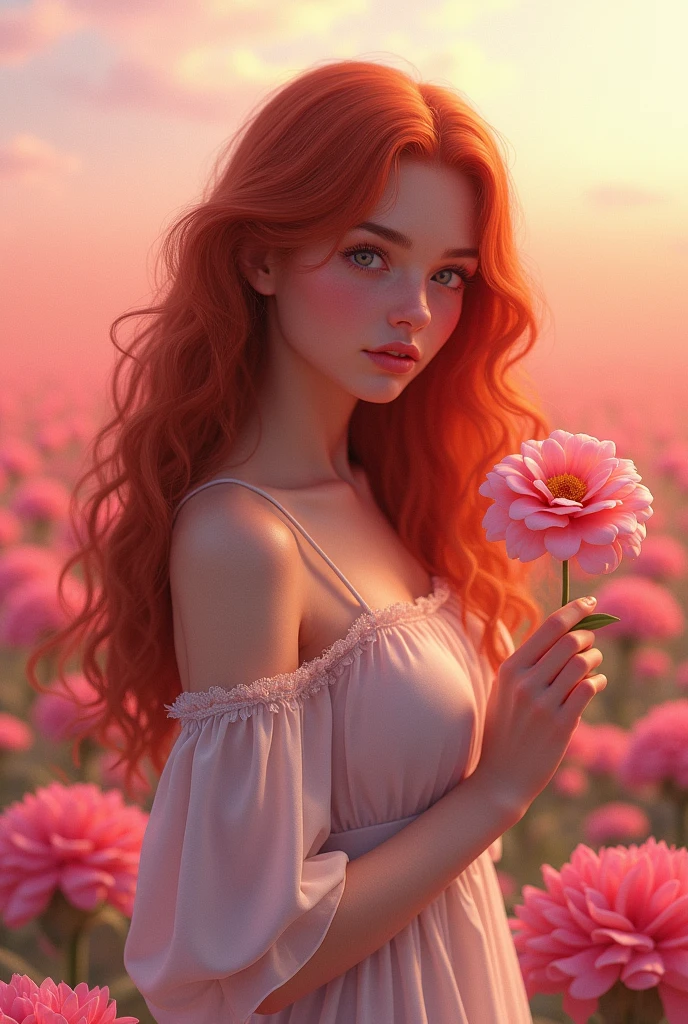 Digital hyperrealistic art, A field with beautiful flowers in the background, a red-haired woman with long curly hair holds a flower in her hand while leaning slightly towards it., Although there is some softness in her face, she maintains a serious look and a beautiful 0 girl next to her holding one of the woman's hands. image with pink tones