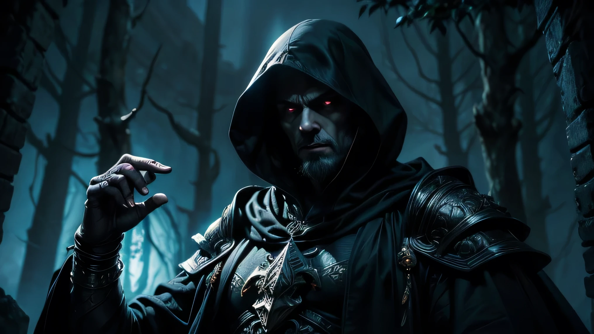 "A close-up, detailed portrayal of Agahnim from The Legend of Zelda, focusing on his upper body and face. The image highlights his imposing figure, with his elaborate, dark robes and ornate armor. The robes are rich in texture and adorned with mystical symbols and intricate patterns that hint at his dark magical prowess.

Agahnim’s face is the focal point, revealing his stern, calculating expression. His sharp, intense eyes, framed by a dark hood, convey a sense of malevolent wisdom. The subtle glow from his eyes and the ambient light enhance the details of his features, emphasizing his formidable presence and the dark aura surrounding him.

The background is softly blurred, featuring elements of a dark, enchanted chamber or an arcane setting that complements Agahnim's character. Shadows and faint, eerie lights create an atmosphere of mystery and menace, accentuating his role as a powerful sorcerer. The overall effect captures Agahnim's imposing and enigmatic nature, with every detail of his upper body reflecting his dark and mystical abilities."