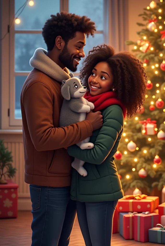 1 dark-skinned girl with light brown hair and her dark-skinned partner carrying a gray and white tata next to a Christmas tree with gifts under the Christmas tree 