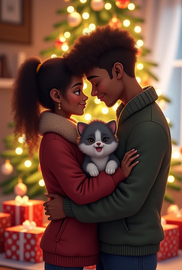 1 dark-skinned girl with light brown hair and her dark-skinned partner carrying a gray and white tata next to a Christmas tree with gifts under the Christmas tree 