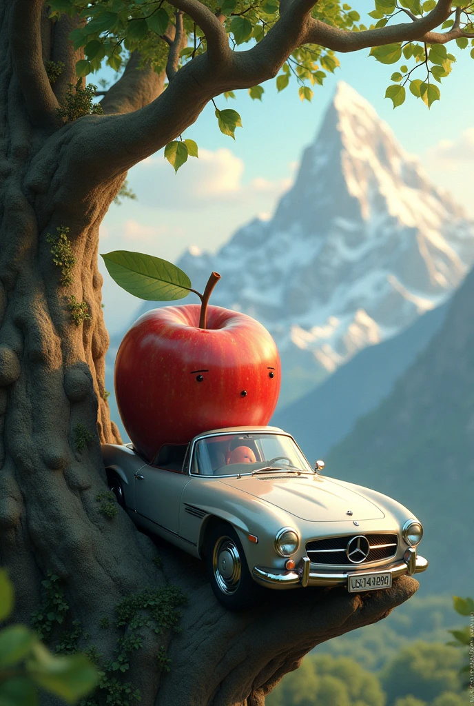 Create a car on tree in mountain eating big apple