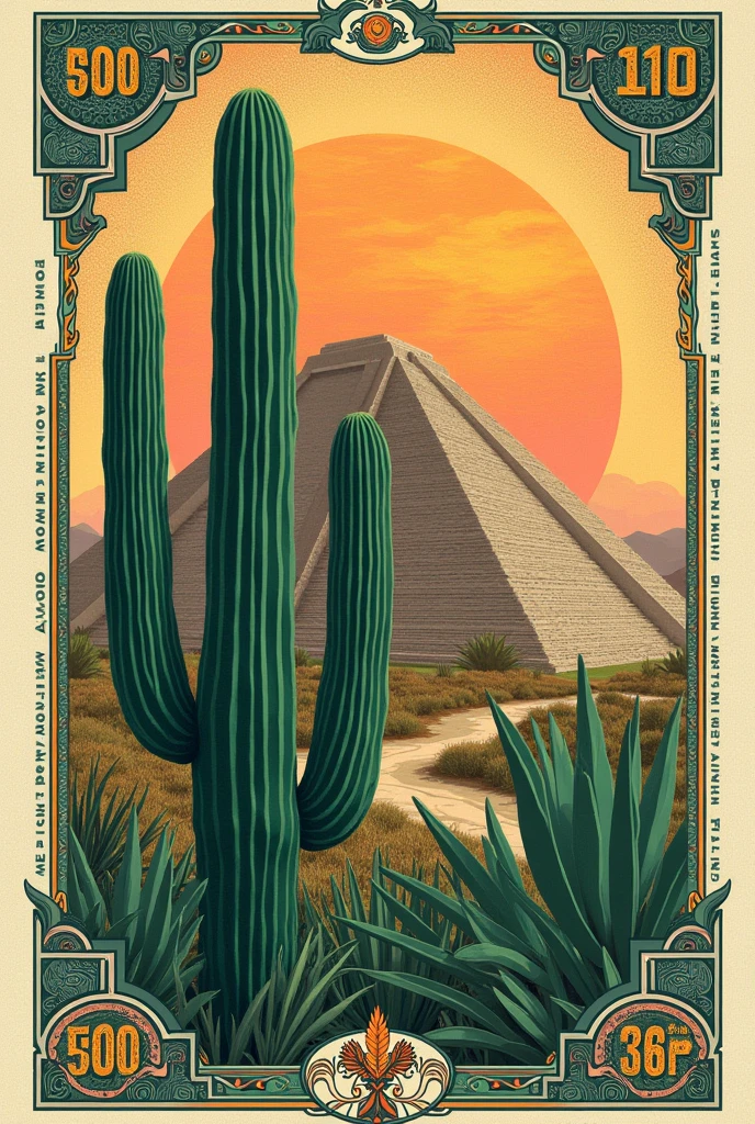 Create a 100 “nopalis” bill that has a Mexican cactus on the front with the pyramid of the sun in the background, add elements of a bill but to the Mexican peso