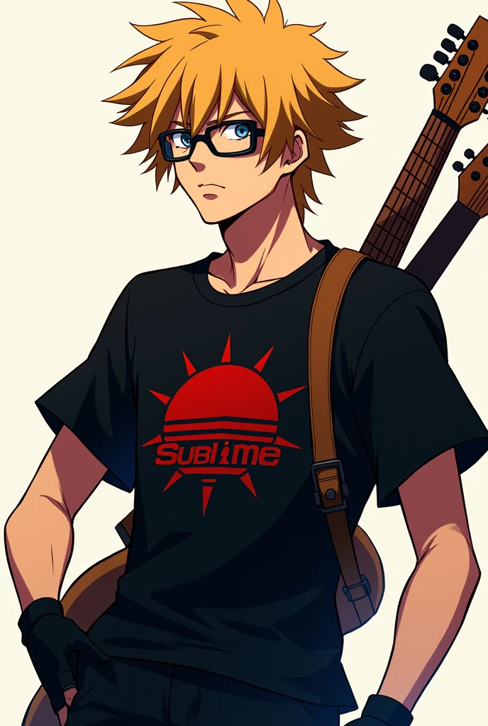 A man with gloves and a black shirt and a logo of a sun that says sublime and medium-length, short, big blonde hair and black glasses and a brown guitar on his back and anime 
