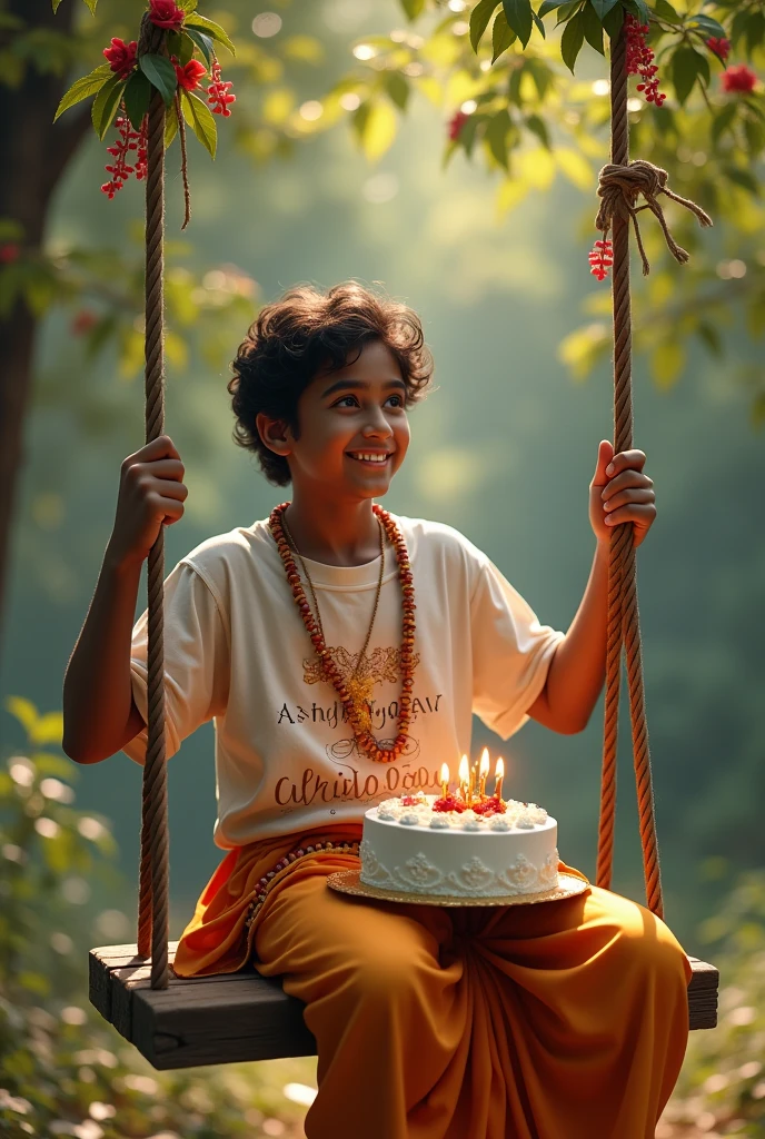 Make such a photo of a Adult boy whose name is written on his t-shirt as Ashu Yadav on front side and with him sitting god Krishna ji and cutting cake from his hand on his birthday and both of them are sitting on a swing.