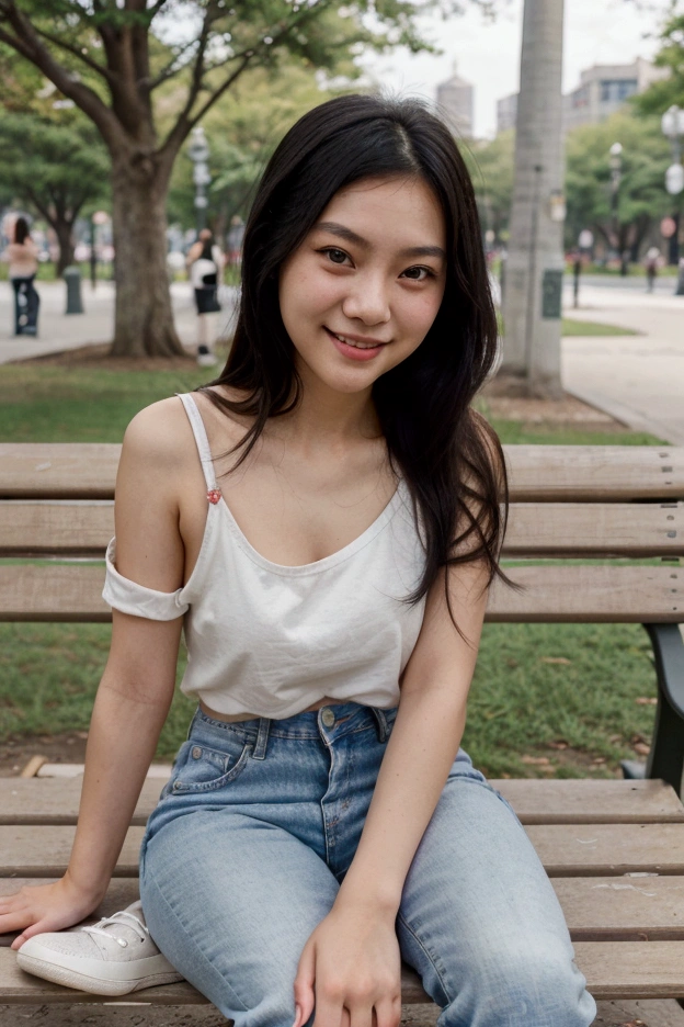 real close-up photograph of an oriental girl, caucasian skin, soft face, 1, shoulder-length black hair, smiling, wearing jeans, basic t-shirt and white sneakers, sitting on park bench, detailed background.