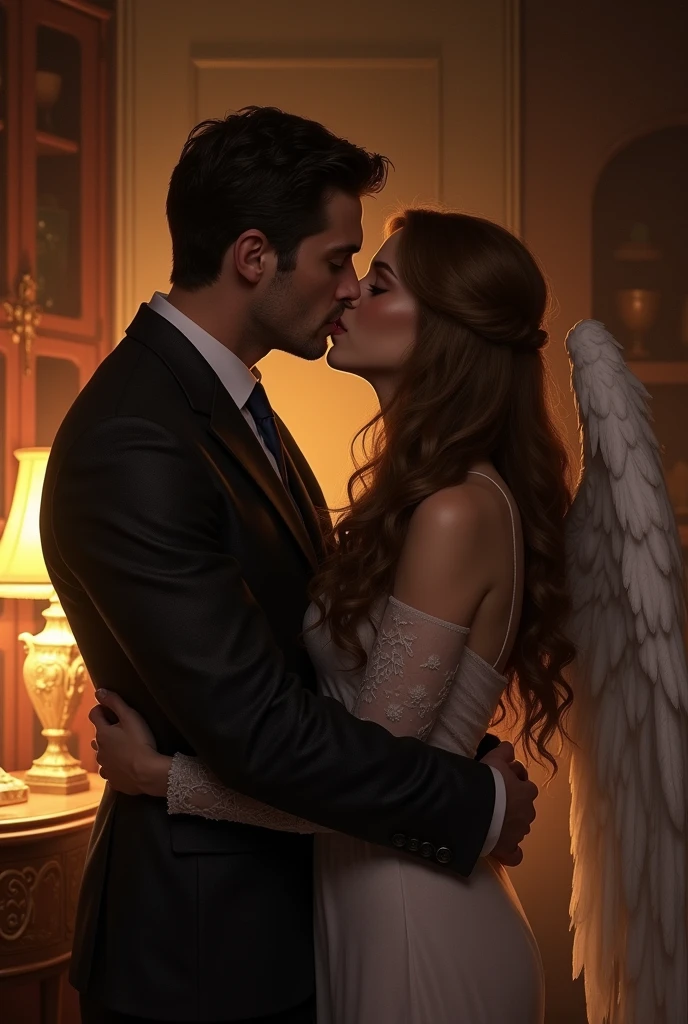 Dean Winchester and Castiel kissing, (characters from the supernatural series). They are in the Bunker of Men of Letters.