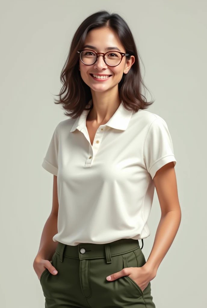 A short woman, medium straight hair, glasses, white, e calça verde bandeira com uma blusa polo white, medium body