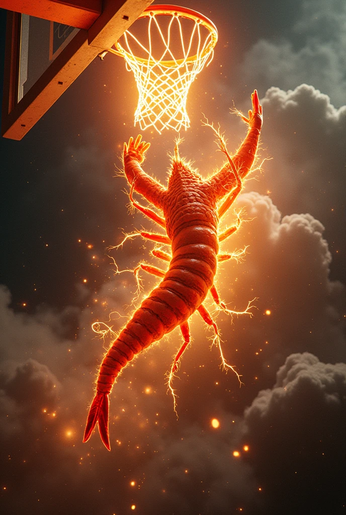 Shrimp wrapped in flames and thunder in space doing a basketball dunk