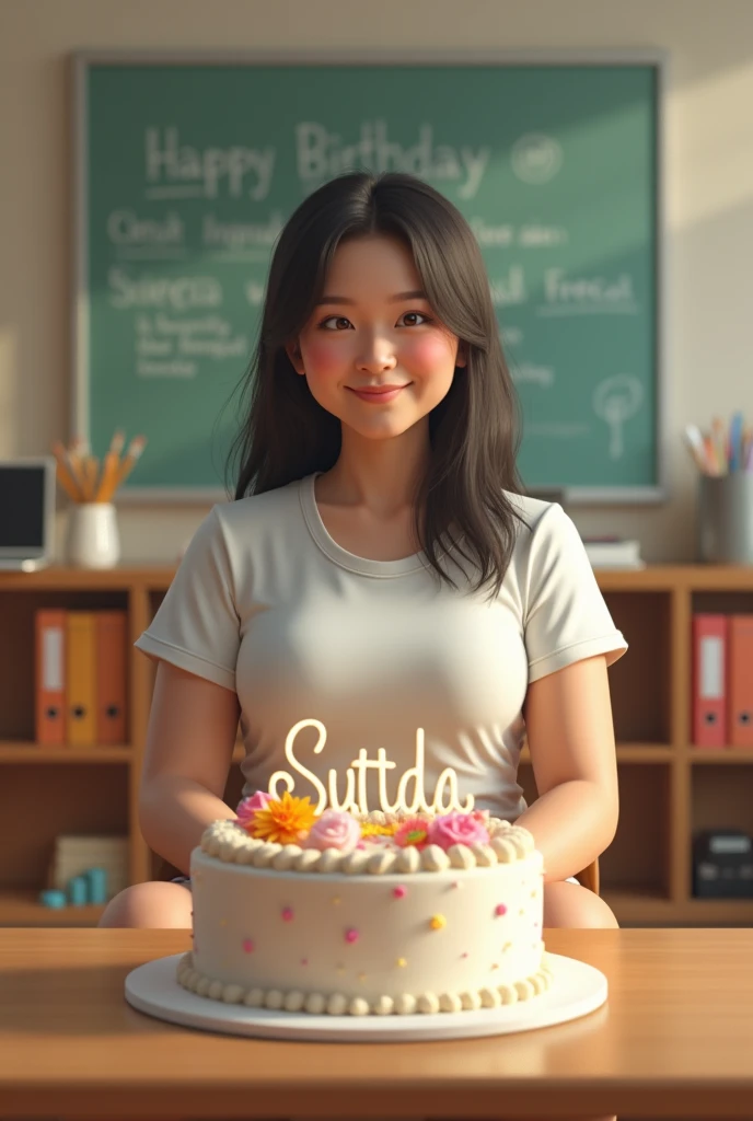 A realistic image of a fat Thai girl as a physical education teacher sitting comfortably in front of a cake. The character must be wearing a physical education teacher's outfit. The background of the image is the main theme. Write 'SUTTIDA' on the bartender cake. Make sure the text is not misspelled. His age is 30 years old.