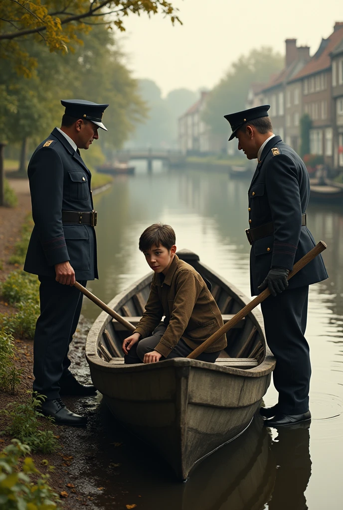 Generate images of a boatmens 12 year son sitting on his boat on the bank of a river and some British police men of 1930 eraasking him something