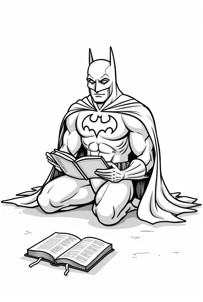 Create an illustration for children'coloring book, which can be used in the Zara store. Leave the clothes and background colorless., so that children can color them to their liking. Batman reading the holy bible. Full-body image. white background, with nothing.