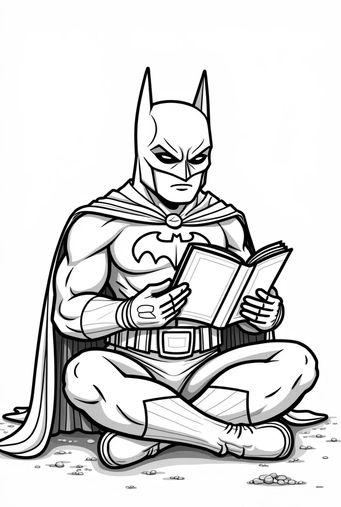 Create an illustration for children'coloring book, which can be used in the Zara store. Leave the clothes and background colorless., so that children can color them to their liking. Batman reading the holy bible. Full-body image. white background, with nothing.
