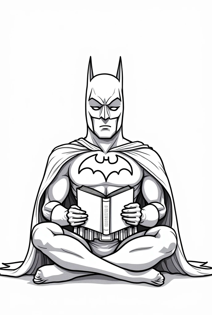 Create an illustration for children'coloring book, which can be used in the Zara store. Leave the clothes and background colorless., so that children can color them to their liking. Batman reading the holy bible. Full-body image. white background, with nothing.