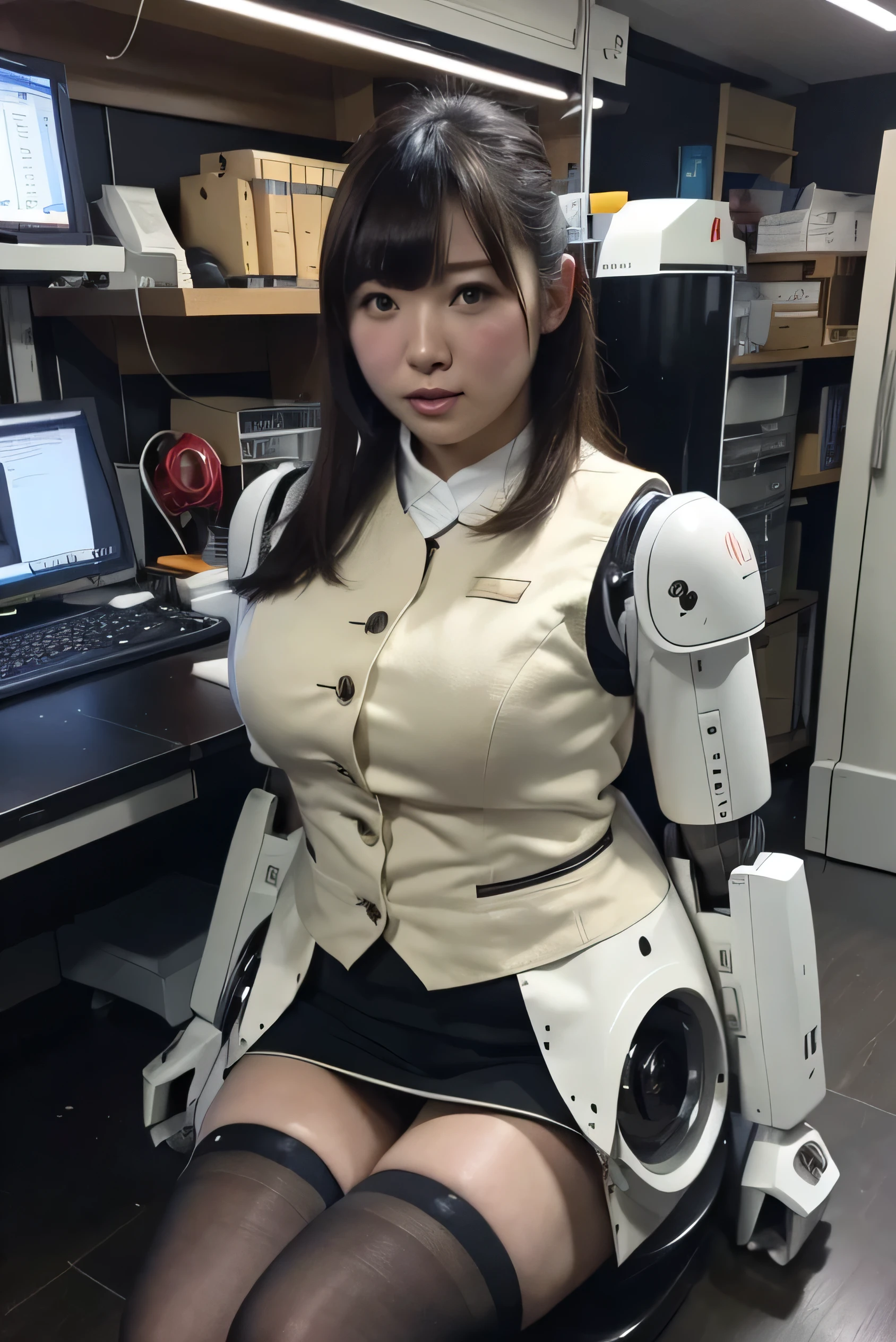 masterpiece, best quality, extremely detailed,portrait, Japanese android girl,Plump,a bit chubby,control panels,robot arms,robot,android,cyborg,white robot body,blunt bangs,robot repair plant,black knee high socks,office-lady