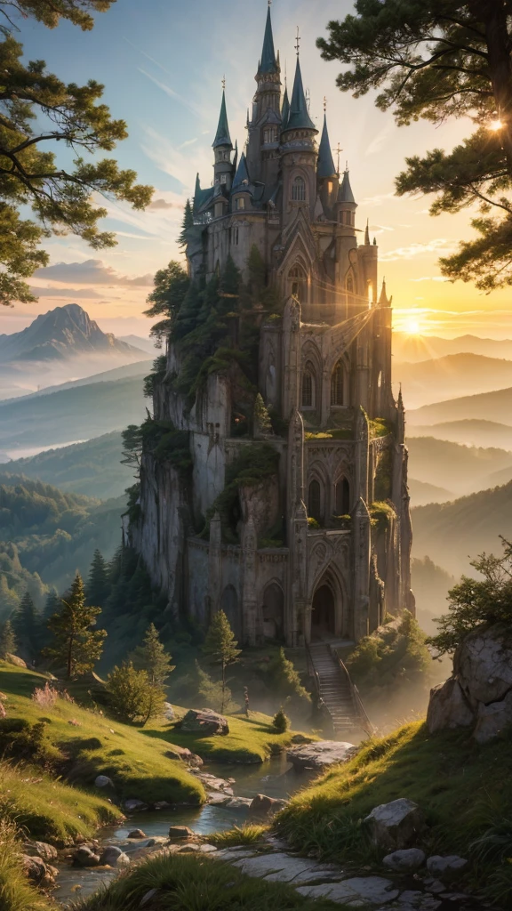 fairytale view with fantasy observatory on a dramatic mountain, rocks plants flowers shrubs trees moss stream lawns bridge grass animals,sunrise and strong sunbeams,very hazy,extreme details,photorealistic,4k,HD,beautiful,nature, dreamy, low shot,ground level photo, good luminosity