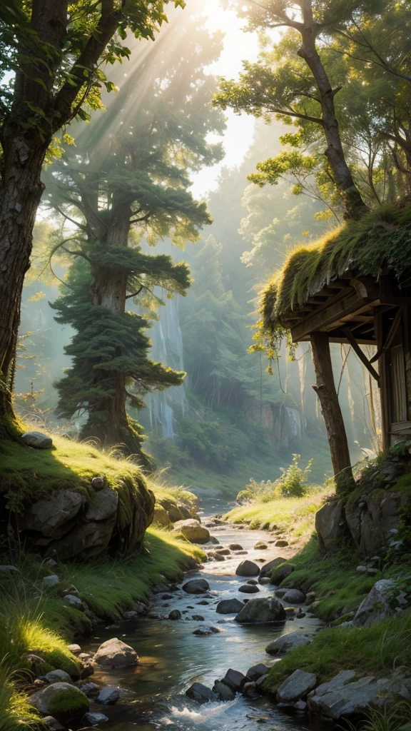 fairytale view with fantasy observatory on a dramatic mountain, rocks plants flowers shrubs trees moss stream lawns bridge grass animals,sunrise and strong sunbeams,very hazy,extreme details,photorealistic,4k,HD,beautiful,nature, dreamy, low shot,ground level photo, good luminosity