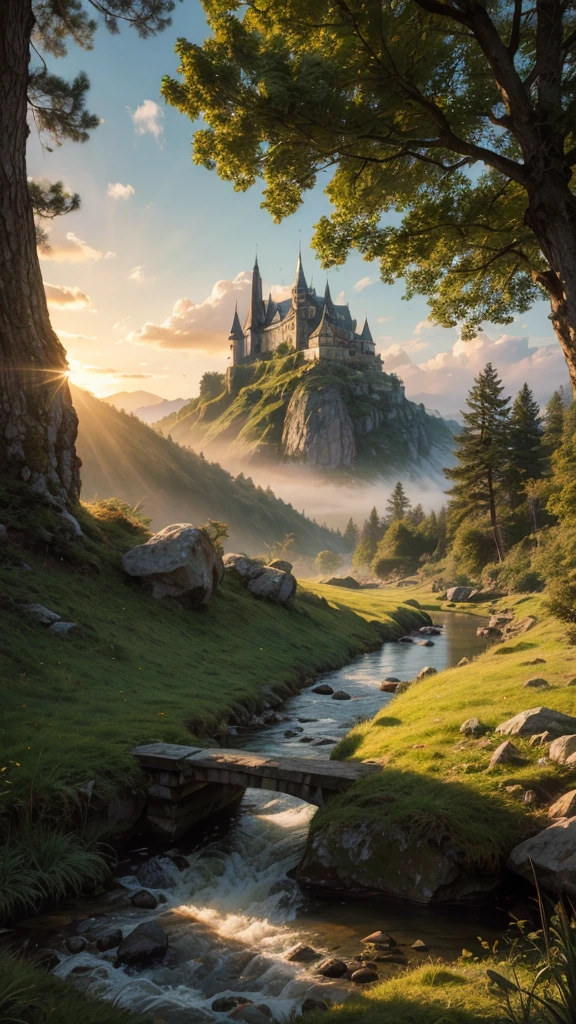 fairytale view with fantasy observatory on a dramatic mountain, rocks plants flowers shrubs trees moss stream lawns bridge grass animals,sunrise and strong sunbeams,very hazy,extreme details,photorealistic,4k,HD,beautiful,nature, dreamy, low shot,ground level photo, good luminosity