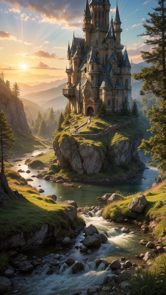 fairytale view with fantasy observatory on a dramatic mountain, rocks plants flowers shrubs trees moss stream lawns bridge grass animals,sunrise and strong sunbeams,very hazy,extreme details,photorealistic,4k,HD,beautiful,nature, dreamy, low shot,ground level photo, good luminosity