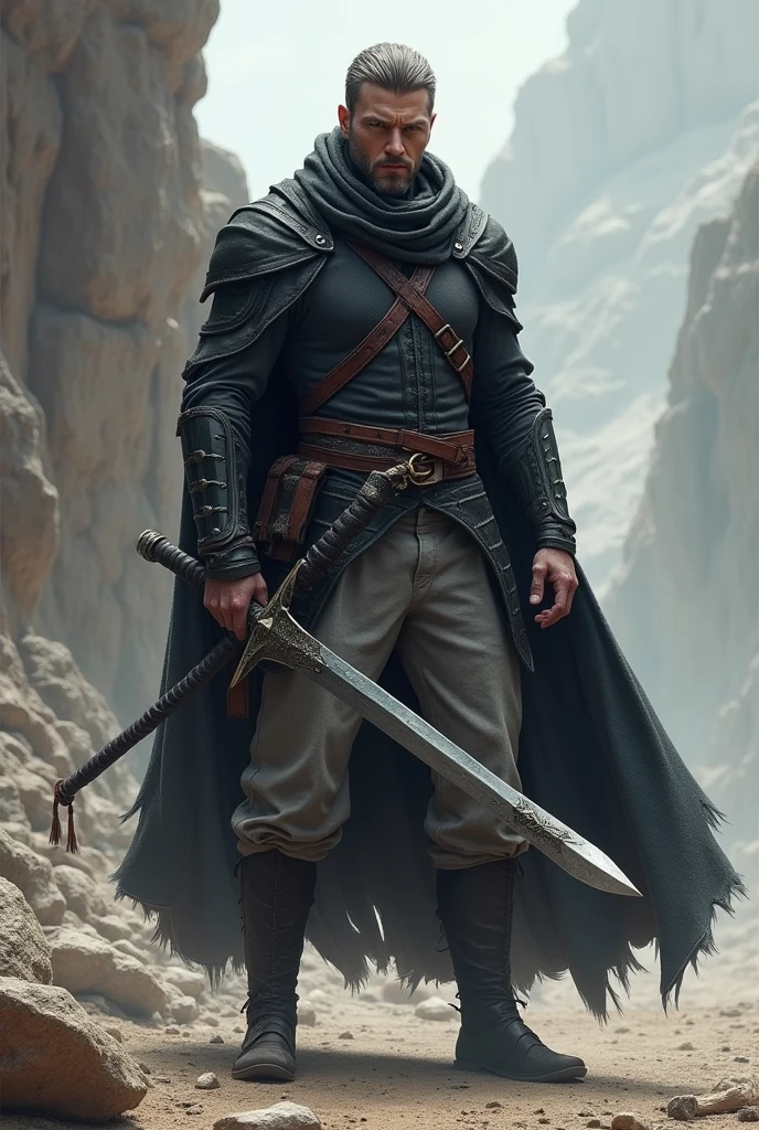 a grey trouser and black sword on it