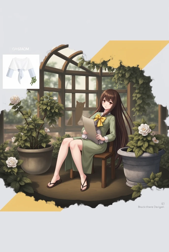 a woman sitting in a chair with a cat, (hair swept bangs:1.3), (long brown hair:1.3), art cover, ethereal anime, epic light novel art cover, 1girl, solo, looking at viewer, bangs, brown hair, long sleeves, dress, bow, holding, brown eyes, sitting, closed mouth, flower, sandals, plant, white flower, yellow bow, paper, potted plant, slippers, anime style, from girls frontline, fine details. girls frontline, girls frontline universe, girls frontline style, girls frontline, girls frontline cg, soft anime illustration, 2 0 2 2 anime style, 2022 anime style, pixiv contest winner, pretty anime character design, render of april