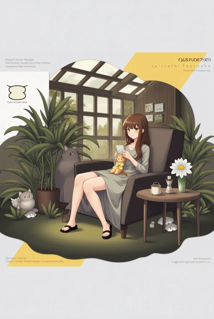 a woman sitting in a chair with a cat, (hair swept bangs:1.3), (long brown hair:1.3), art cover, ethereal anime, epic light novel art cover, 1girl, solo, looking at viewer, bangs, brown hair, long sleeves, dress, bow, holding, brown eyes, sitting, closed mouth, flower, sandals, plant, white flower, yellow bow, paper, potted plant, slippers, anime style, from girls frontline, fine details. girls frontline, girls frontline universe, girls frontline style, girls frontline, girls frontline cg, soft anime illustration, 2 0 2 2 anime style, 2022 anime style, pixiv contest winner, pretty anime character design, render of april