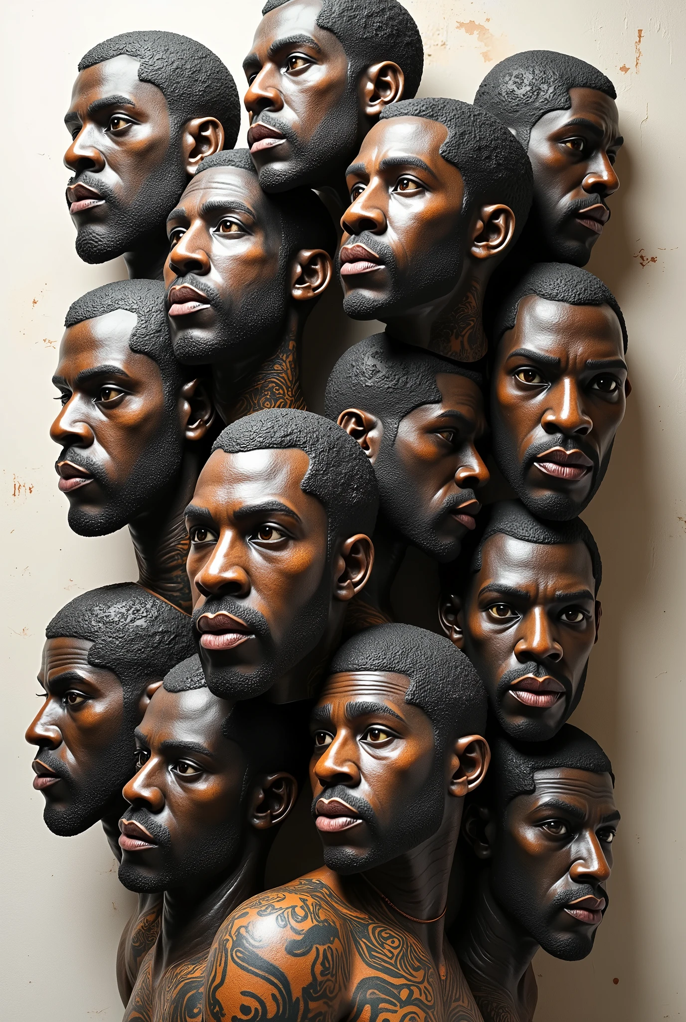 Expressionist artwork images of multiple floating ceramic heads of heavily tattooed black men, 3d collage style, make it weird and gallery worthy
