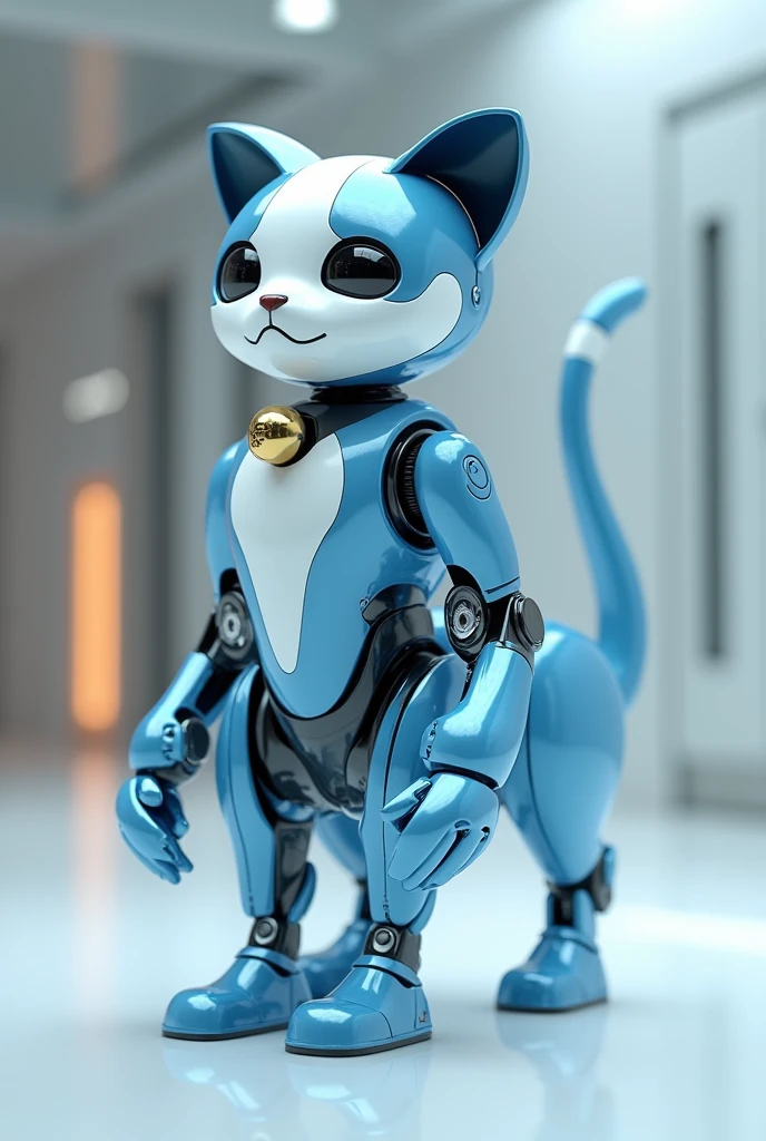 Draw a blue cat robot, make it bipedal, walk on two legs, put a bell on its collar, make its face and belly white